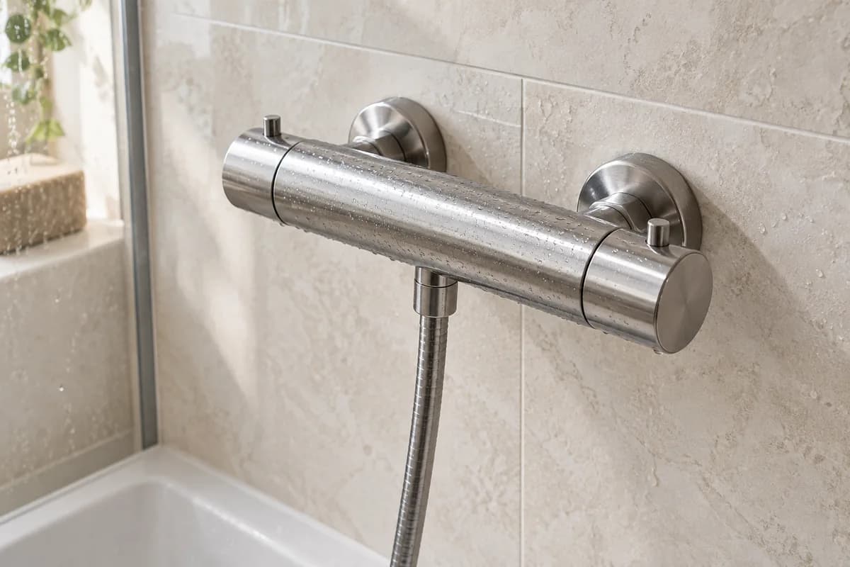 Illustration d’un mitigeur thermostatique apparent raccordé au mur d’une douche claire.