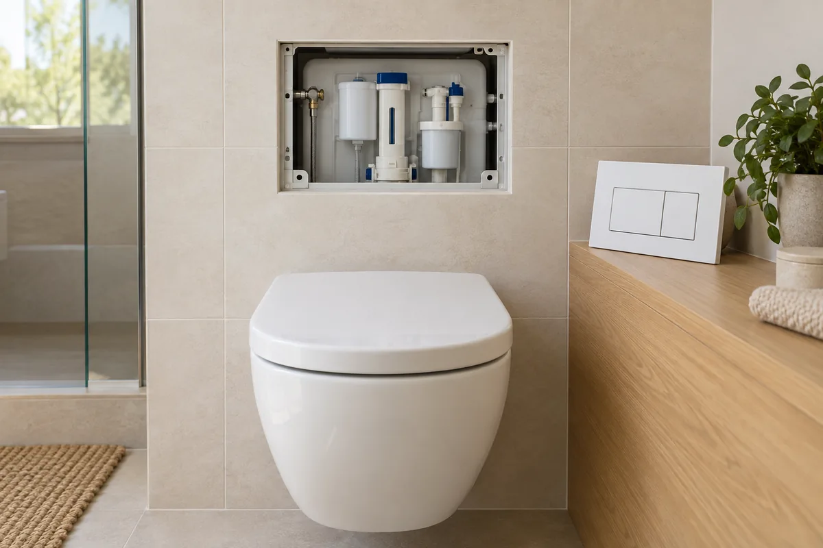 Illustration d’un réservoir de WC encastré accessible par l’ouverture de la plaque de commande.