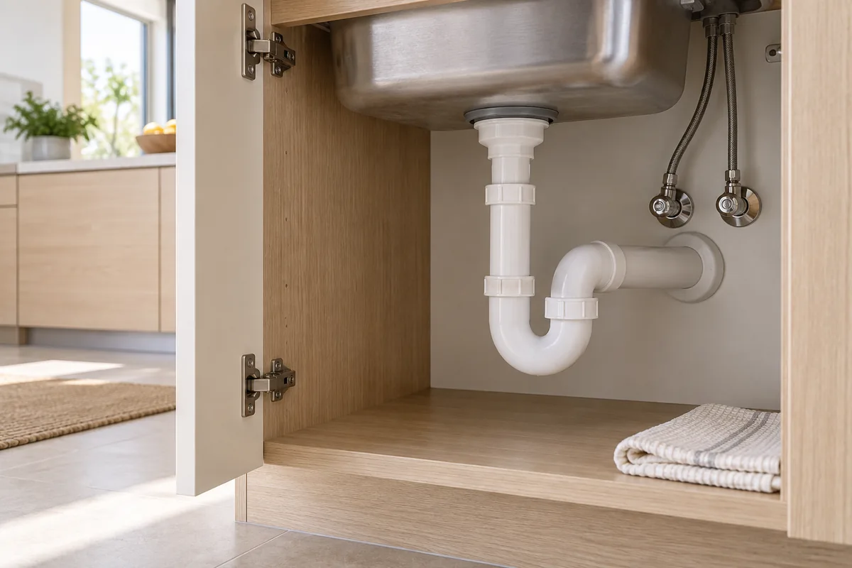 Illustration d’un siphon blanc accessible sous un évier, dans un meuble de cuisine en bois clair.